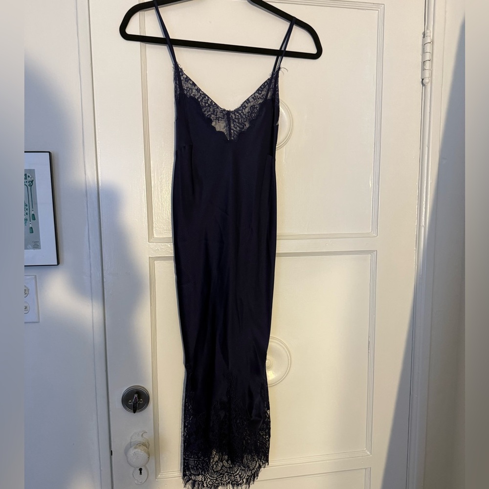 Biba Lace Trim Silk Slip Dress - Navy